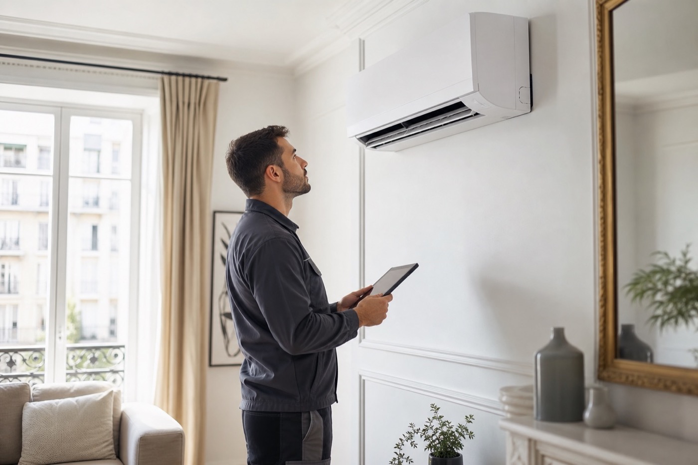 Technicien intervenant sur une unité de climatisation devant une maison de la région France